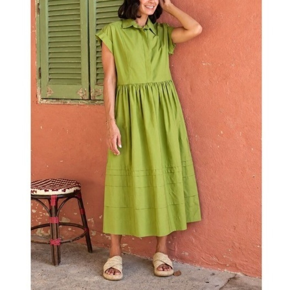 MAYE Gracie Shirt Short Sleeve Midi Dress in Deep Lime